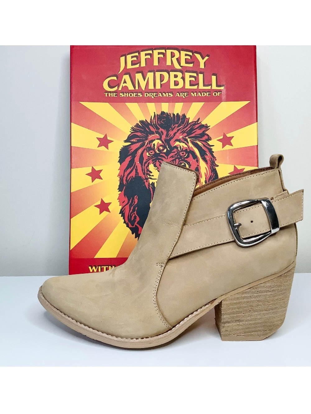 Jeffery Campbell Western Ankle Boots Suede Chunky Block Heel Point Toe Beige 6.5